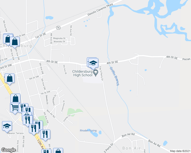 map of restaurants, bars, coffee shops, grocery stores, and more near 122 Fay S Perry Drive in Childersburg