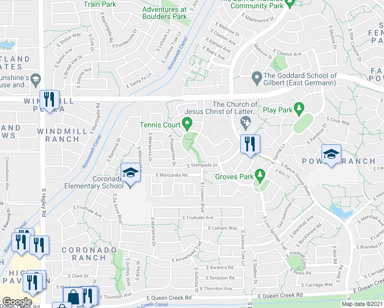 map of restaurants, bars, coffee shops, grocery stores, and more near 4229 South Soboba Street in Gilbert