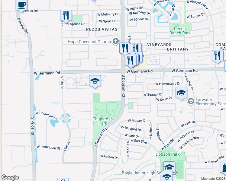 map of restaurants, bars, coffee shops, grocery stores, and more near 2222 South Dobson Road in Chandler