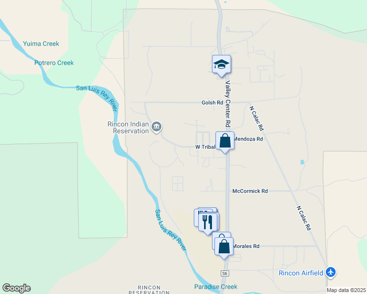 map of restaurants, bars, coffee shops, grocery stores, and more near West Tribal Road in Valley Center