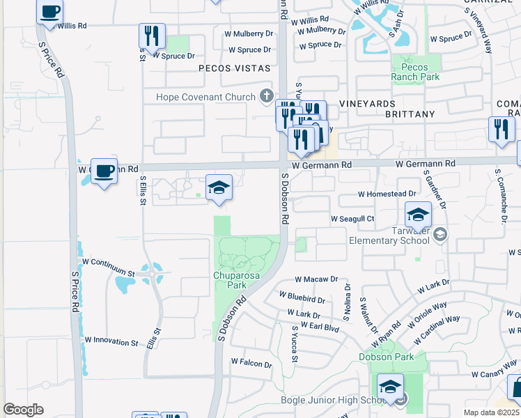 map of restaurants, bars, coffee shops, grocery stores, and more near 2090 South Dobson Road in Chandler