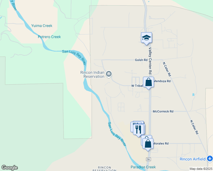 map of restaurants, bars, coffee shops, grocery stores, and more near West Tribal Road in Valley Center