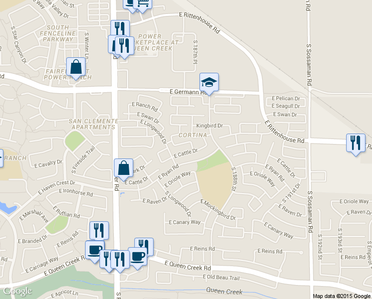map of restaurants, bars, coffee shops, grocery stores, and more near 18680 East Cattle Drive in Queen Creek