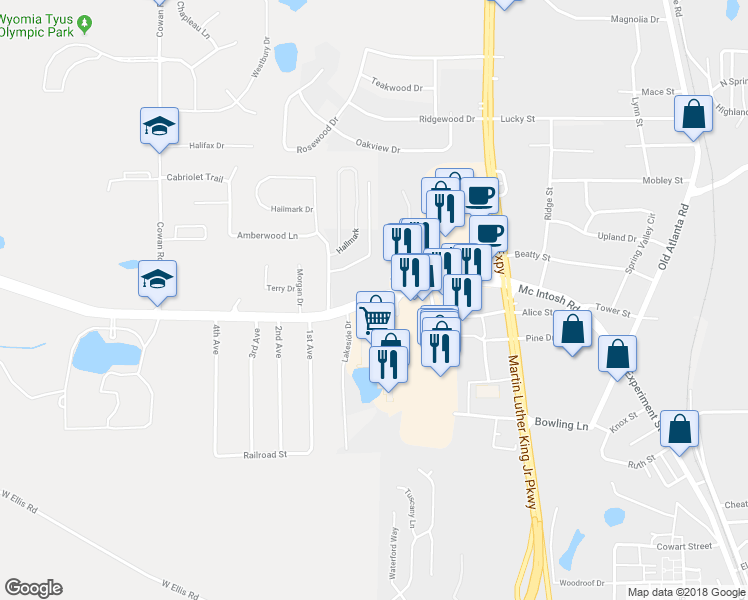 map of restaurants, bars, coffee shops, grocery stores, and more near 1598 West McIntosh Road in Griffin