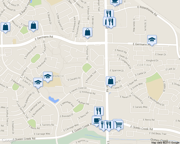 map of restaurants, bars, coffee shops, grocery stores, and more near 4685 East Cabrillo Drive in Gilbert