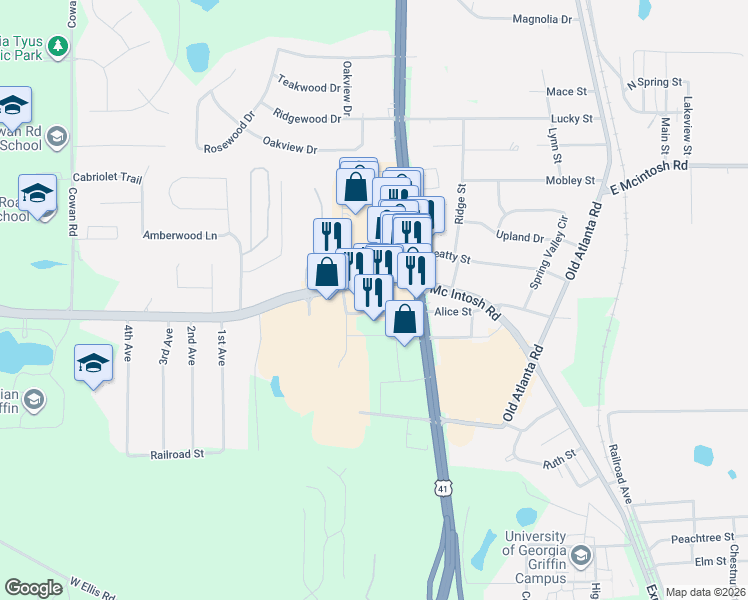 map of restaurants, bars, coffee shops, grocery stores, and more near 1506 W McIntosh Rd in Griffin