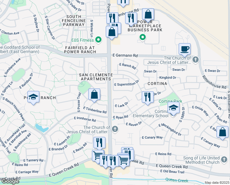 map of restaurants, bars, coffee shops, grocery stores, and more near 18406 East Sparrow Drive in Queen Creek