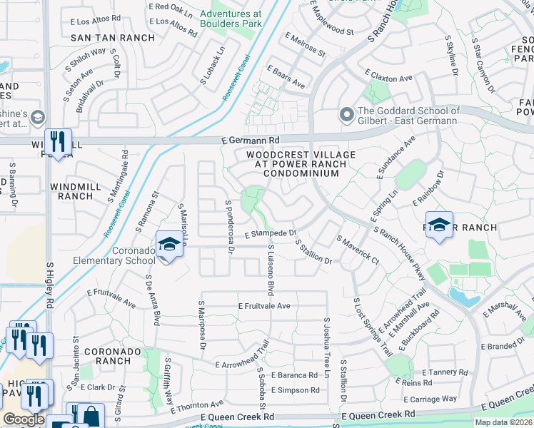 map of restaurants, bars, coffee shops, grocery stores, and more near 4182 South Sawmill Road in Gilbert