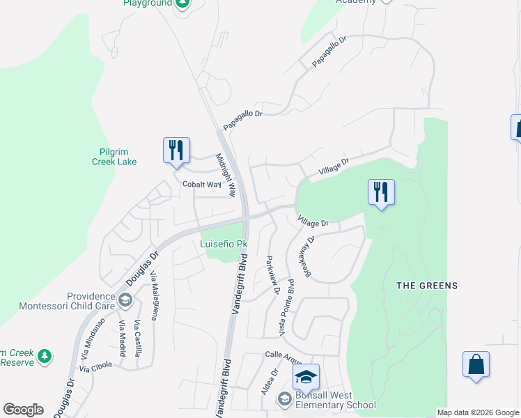 map of restaurants, bars, coffee shops, grocery stores, and more near 1055 Greenway Road in Oceanside