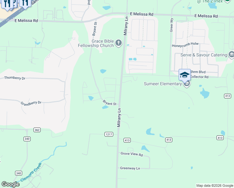 map of restaurants, bars, coffee shops, grocery stores, and more near 5701 Milrany Lane in Melissa