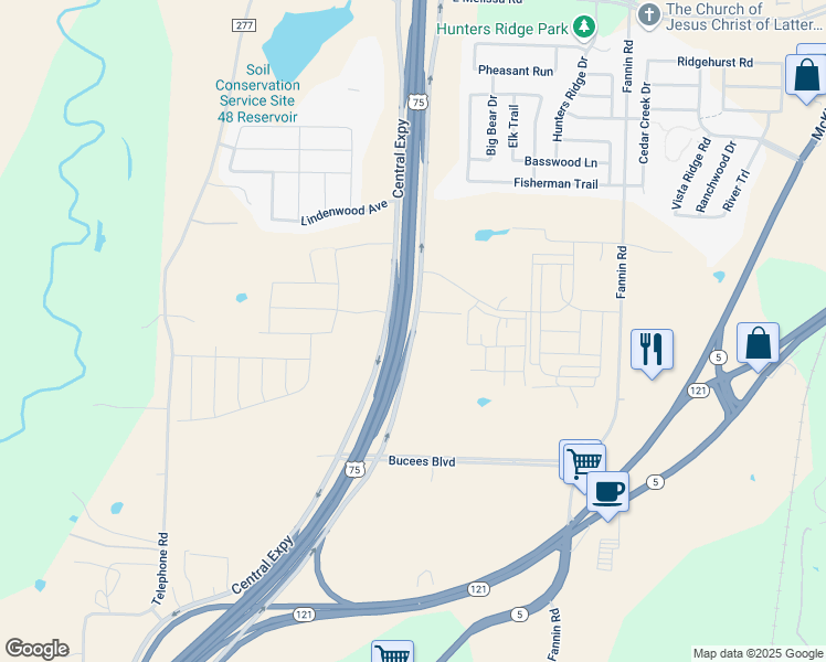 map of restaurants, bars, coffee shops, grocery stores, and more near 4948 Central Expressway in Melissa