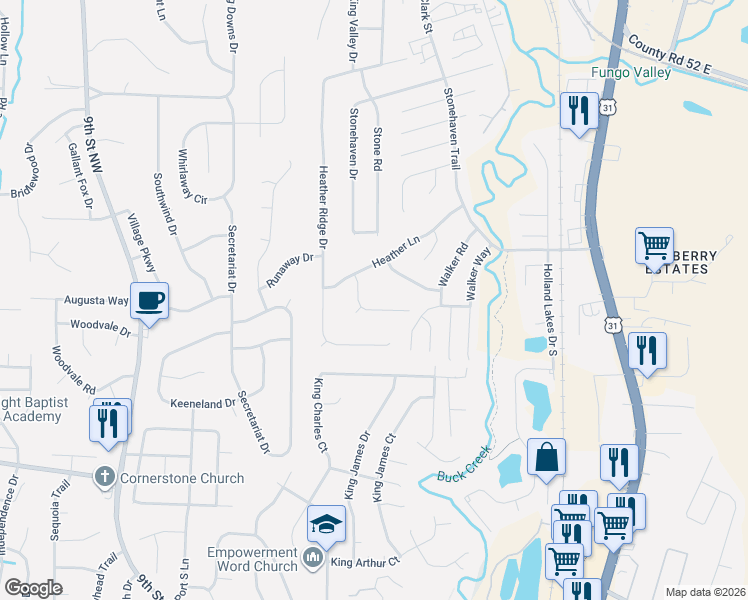 map of restaurants, bars, coffee shops, grocery stores, and more near 103 Heather Way in Pelham