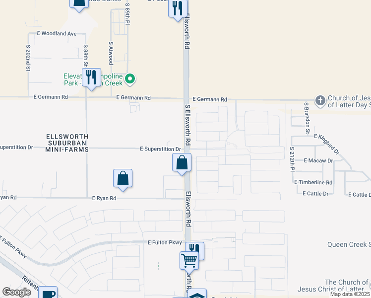 map of restaurants, bars, coffee shops, grocery stores, and more near 21152 East Superstition Drive in Queen Creek