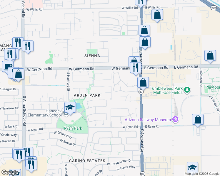 map of restaurants, bars, coffee shops, grocery stores, and more near 214 West Seagull Place in Chandler