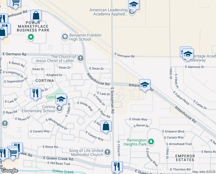 map of restaurants, bars, coffee shops, grocery stores, and more near 19146 East Macaw Drive in Queen Creek
