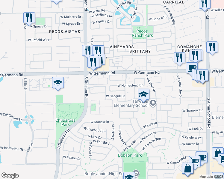map of restaurants, bars, coffee shops, grocery stores, and more near 2101 South Cholla Street in Chandler