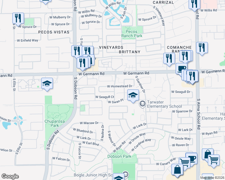map of restaurants, bars, coffee shops, grocery stores, and more near 1713 West Homestead Drive in Chandler