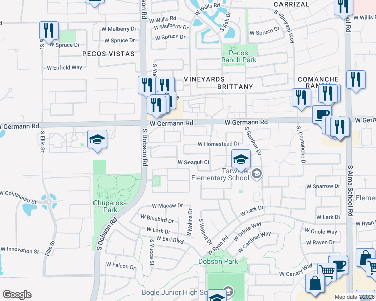 map of restaurants, bars, coffee shops, grocery stores, and more near 2101 South Cholla Street in Chandler