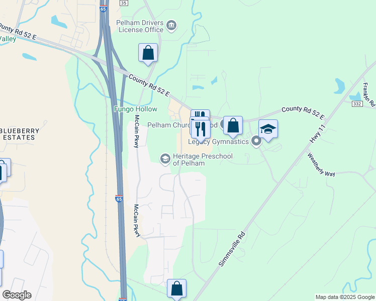 map of restaurants, bars, coffee shops, grocery stores, and more near 377 Huntley Parkway in Pelham