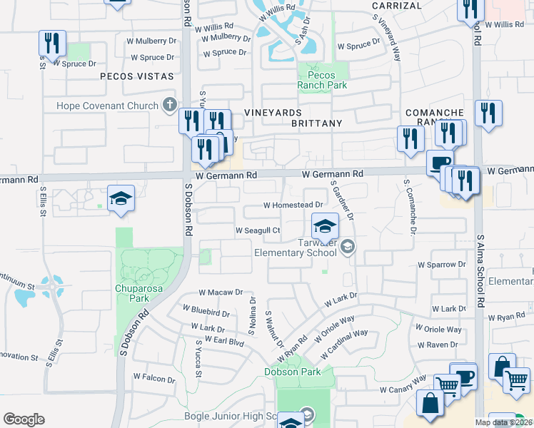 map of restaurants, bars, coffee shops, grocery stores, and more near 1713 West Homestead Drive in Chandler
