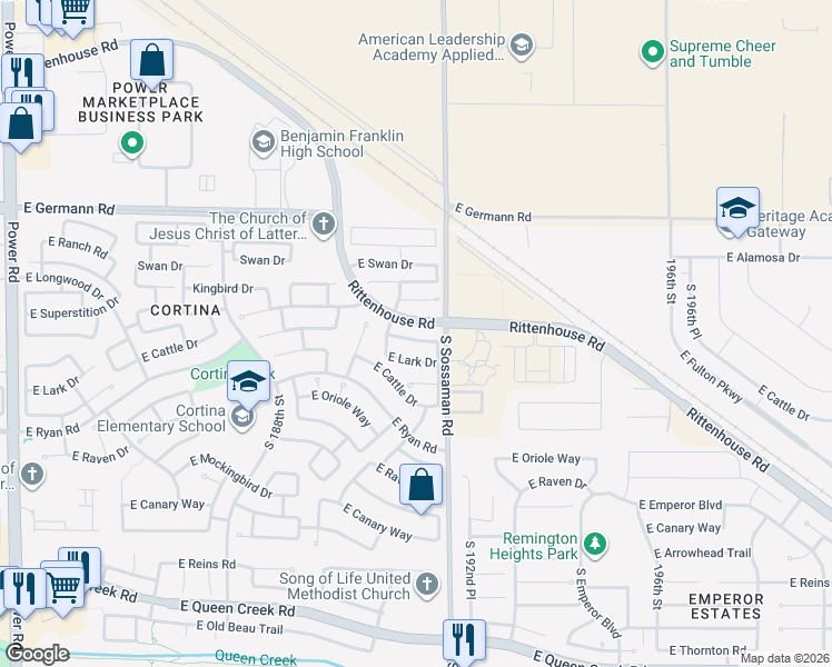 map of restaurants, bars, coffee shops, grocery stores, and more near 19146 East Macaw Drive in Queen Creek