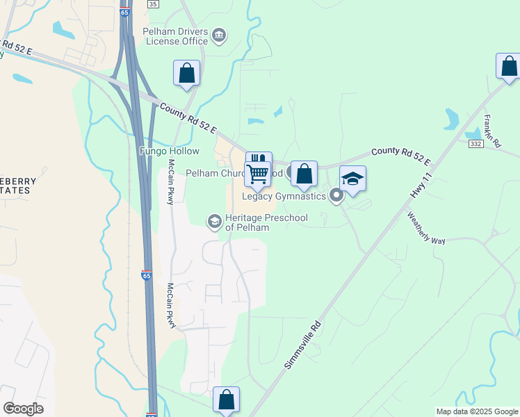 map of restaurants, bars, coffee shops, grocery stores, and more near 389 Huntley Parkway in Pelham