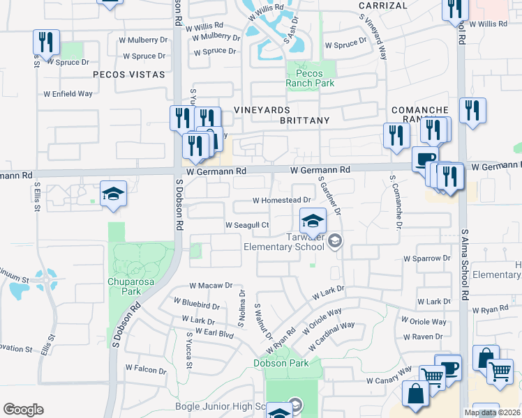 map of restaurants, bars, coffee shops, grocery stores, and more near 1713 West Homestead Drive in Chandler
