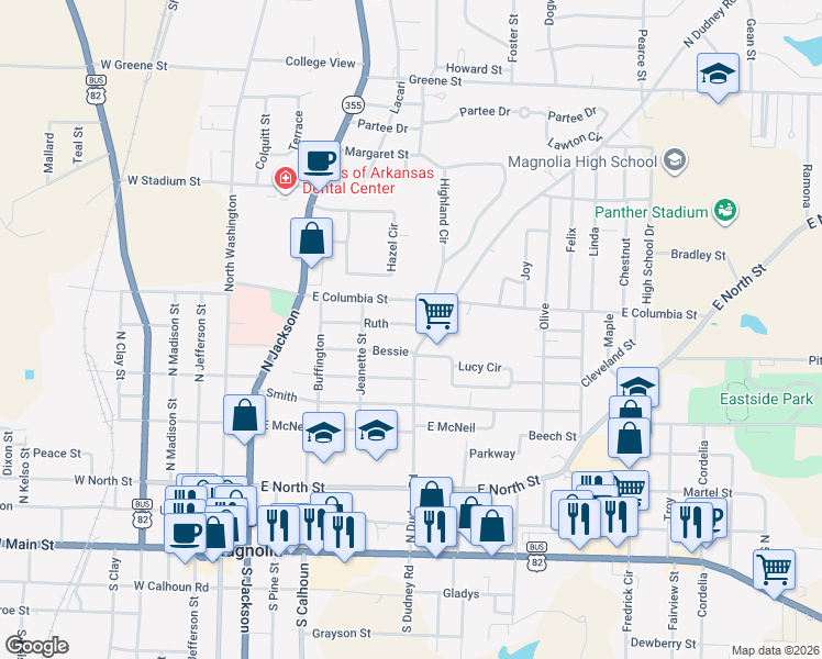 map of restaurants, bars, coffee shops, grocery stores, and more near 546 Ruth St in Magnolia
