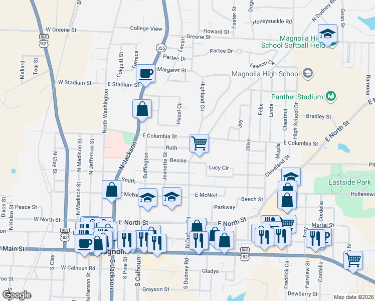 map of restaurants, bars, coffee shops, grocery stores, and more near 546 Ruth St in Magnolia