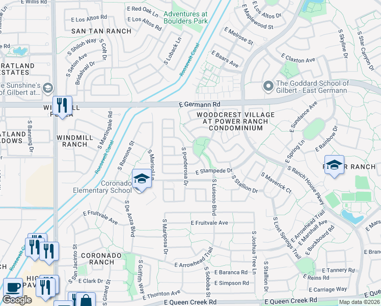 map of restaurants, bars, coffee shops, grocery stores, and more near 4198 South Soboba Street in Gilbert