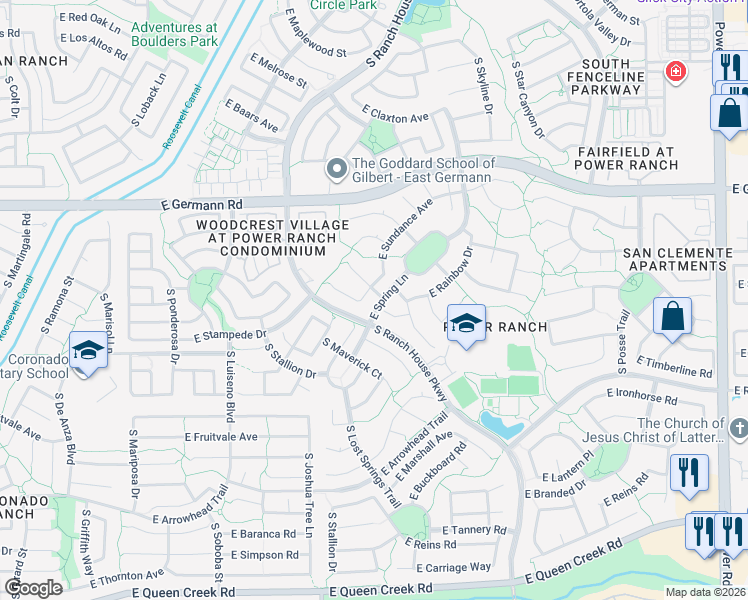 map of restaurants, bars, coffee shops, grocery stores, and more near 4230 South Splendor Place in Gilbert