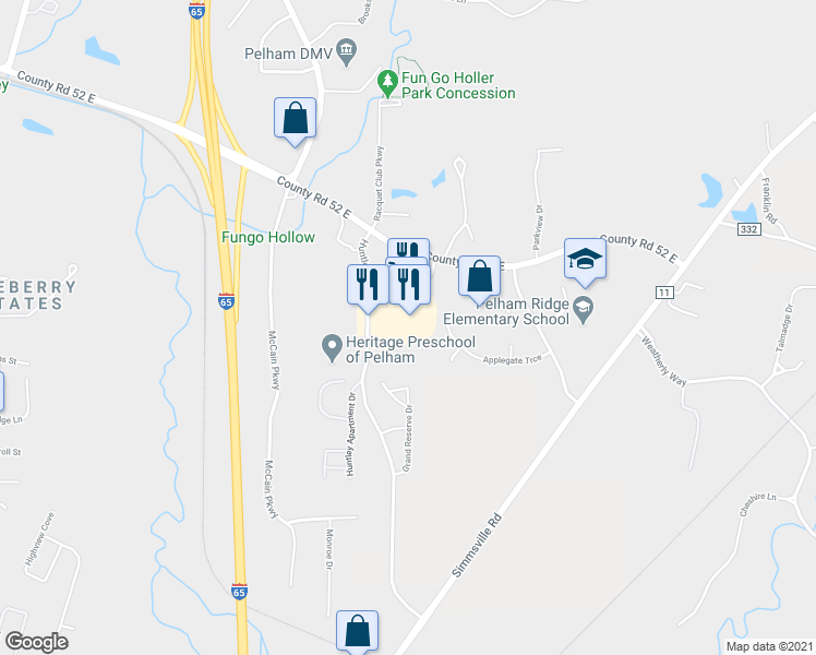 map of restaurants, bars, coffee shops, grocery stores, and more near 377 Huntley Parkway in Pelham