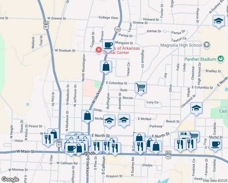 map of restaurants, bars, coffee shops, grocery stores, and more near 417 Ruth in Magnolia