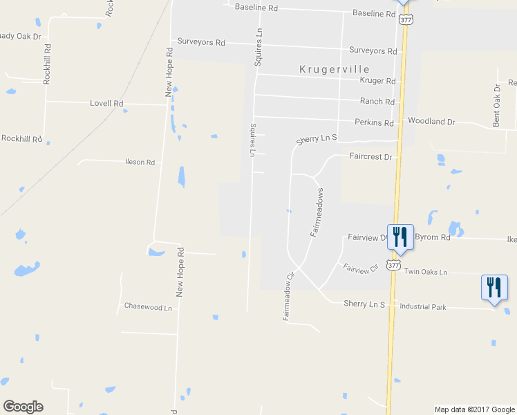 map of restaurants, bars, coffee shops, grocery stores, and more near 1301 Squires Lane in Krugerville