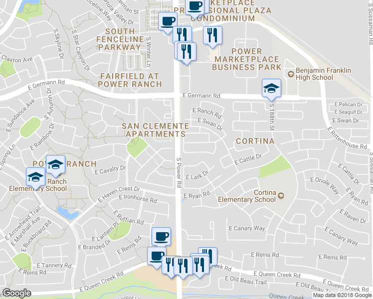 map of restaurants, bars, coffee shops, grocery stores, and more near 18406 East Sparrow Drive in Queen Creek