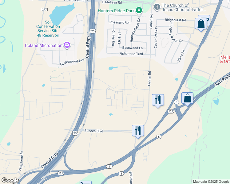 map of restaurants, bars, coffee shops, grocery stores, and more near 1824 Central Expressway in Melissa