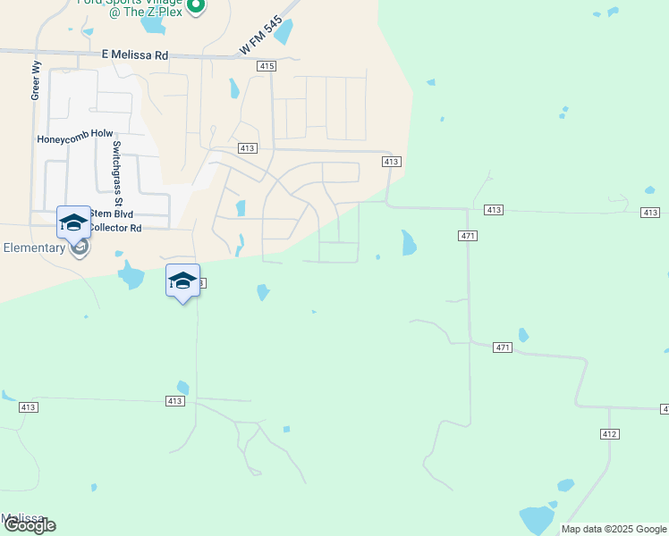 map of restaurants, bars, coffee shops, grocery stores, and more near 4758 County Road 413 in Melissa