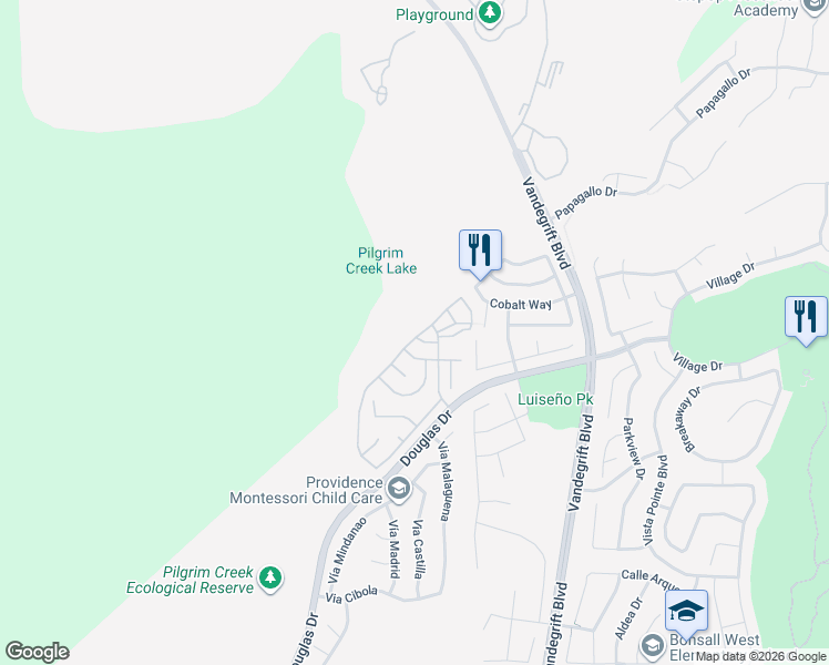 map of restaurants, bars, coffee shops, grocery stores, and more near 5244 Weymouth Way in Oceanside