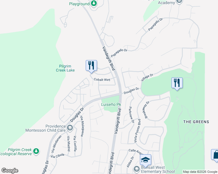 map of restaurants, bars, coffee shops, grocery stores, and more near 5205 Bluegrass Way in Oceanside