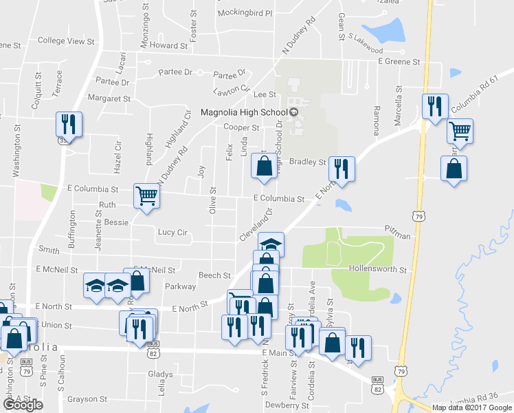 map of restaurants, bars, coffee shops, grocery stores, and more near 900 Maple Street in Magnolia