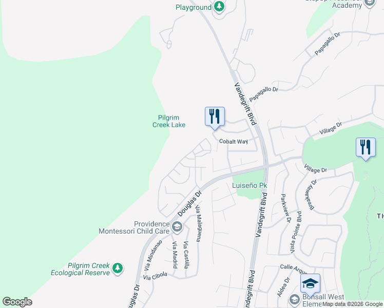 map of restaurants, bars, coffee shops, grocery stores, and more near 5244 Weymouth Way in Oceanside
