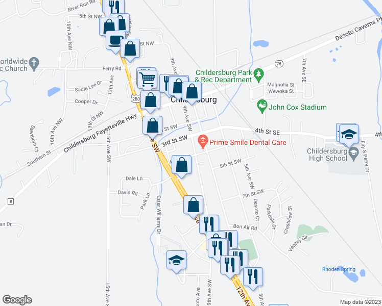 map of restaurants, bars, coffee shops, grocery stores, and more near 315 9th Avenue Southwest in Childersburg