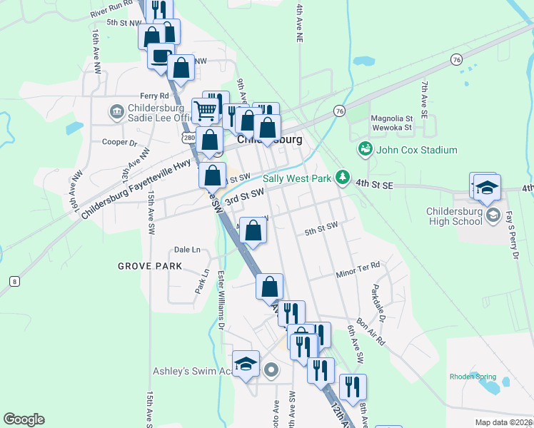 map of restaurants, bars, coffee shops, grocery stores, and more near 315 9th Avenue Southwest in Childersburg