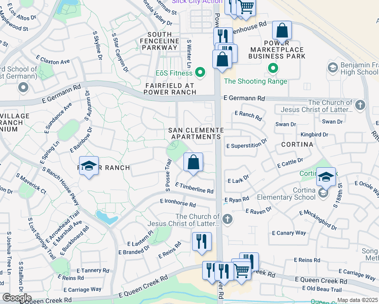 map of restaurants, bars, coffee shops, grocery stores, and more near 4685 East Cabrillo Drive in Gilbert