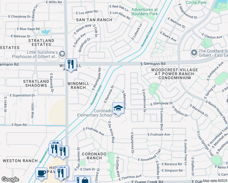 map of restaurants, bars, coffee shops, grocery stores, and more near 3504 East Temecula Court in Gilbert