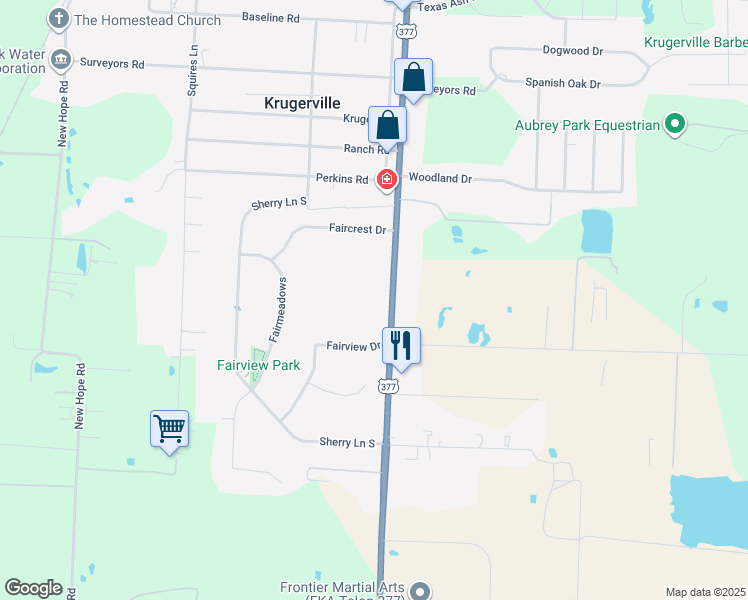 map of restaurants, bars, coffee shops, grocery stores, and more near 5045 U.S. 377 in Krugerville