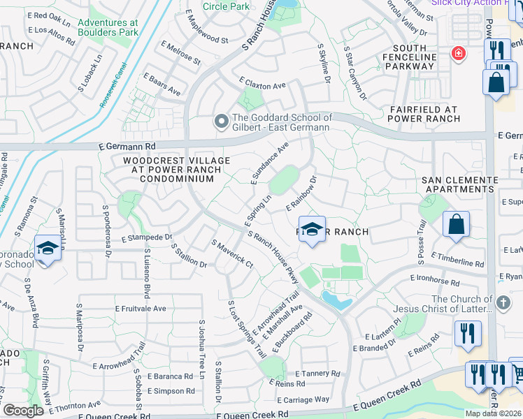 map of restaurants, bars, coffee shops, grocery stores, and more near 4230 South Splendor Place in Gilbert