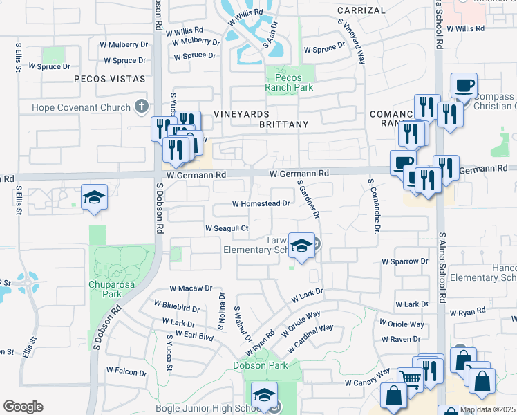 map of restaurants, bars, coffee shops, grocery stores, and more near 1623 West Homestead Drive in Chandler