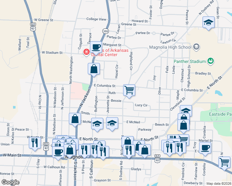 map of restaurants, bars, coffee shops, grocery stores, and more near 535 Ruth St in Magnolia