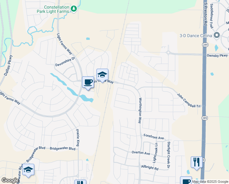 map of restaurants, bars, coffee shops, grocery stores, and more near 3617 Brinkley Drive in Celina
